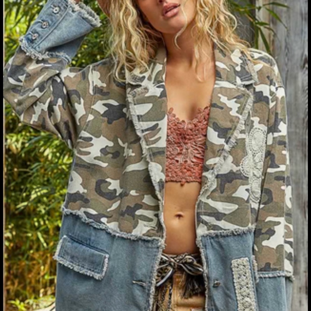 POL Camouflage and Denim Utility Jacket